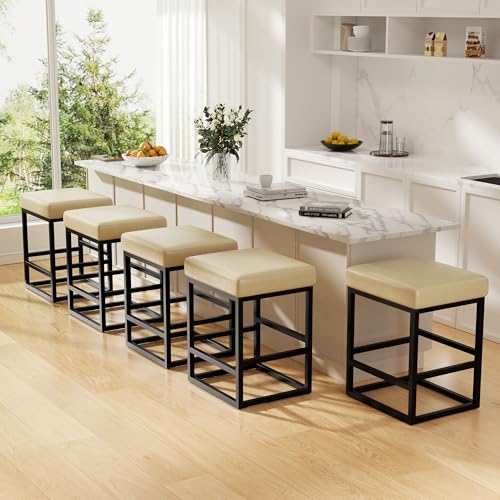 Image of Bar Stools Set of 5, 24in Counter Height Barstools, Faux Leather Counter Stools with Thick Square Seats & Sturdy Metal Base, Modern Bar Chairs for Kitchen Island (Beige)