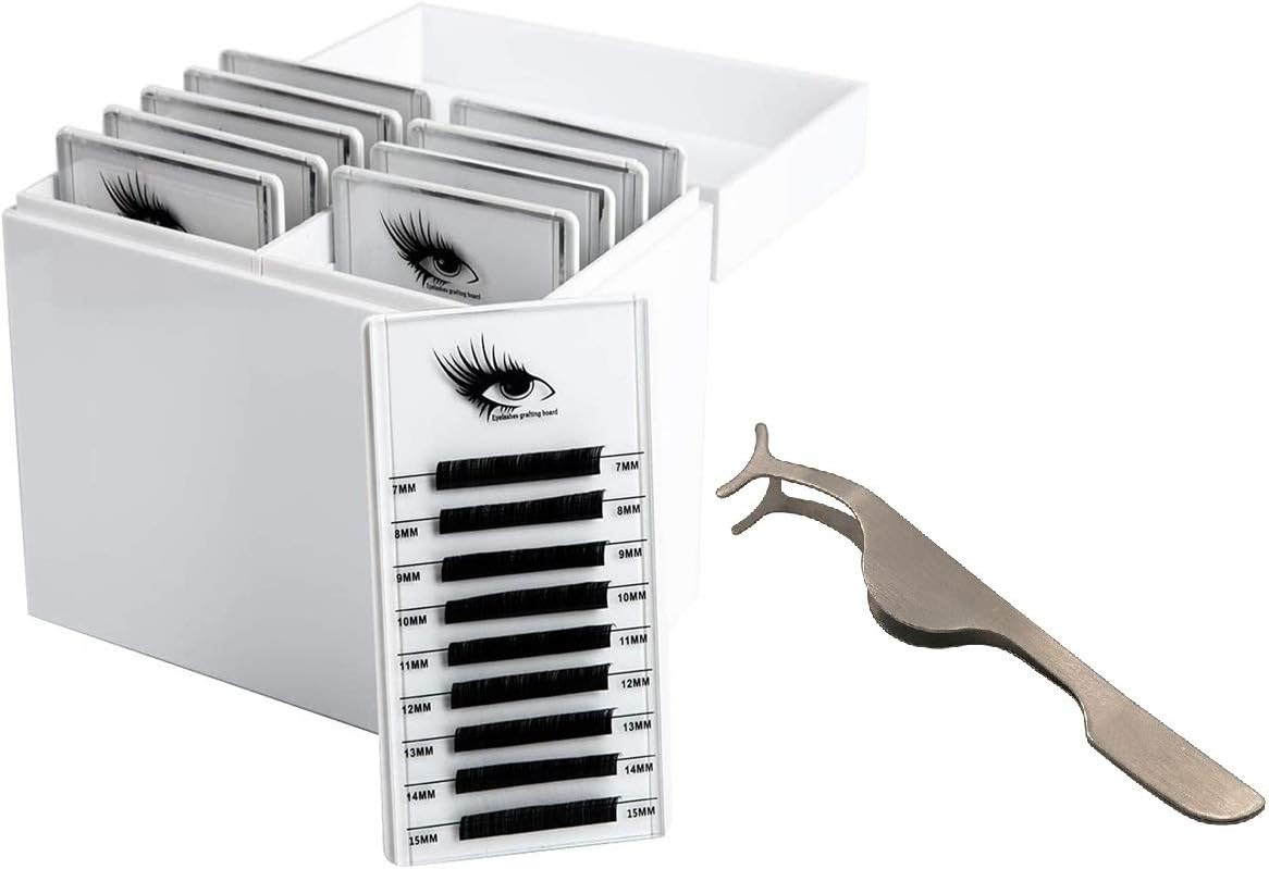 Kogen, 2pcs,10 Layers Acrylic Eyelash Storage Box,with 10 Pallets,Stainless Steel Tweezers for Eyelash Extensions,Eyelashes Holder Case Grafting, Eyelash Box Extension Tool