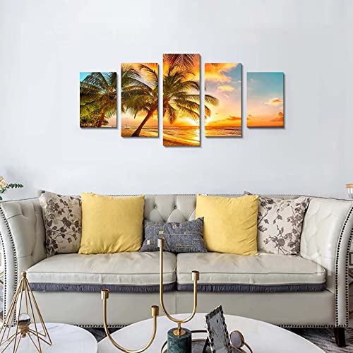 Golden Seascape Poster - Ocean Beach Wall Art Cozy Sea Artwork Modern Ocean Sunset Sea Beach Canvas Prints Pictures Paintings On Canvas Wall Art For Home Decor 5 Panels Gallery Wrapped Tropical Scenery Seascape Artwork (F-5Pcs,60"W X 30"H) #TOP2
