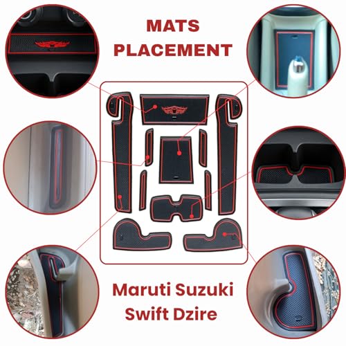 Image of Car Drome | Door Cup Mat Set for Maruti Suzuki Swift Dzire 2018 Onwards | Premium Non-Slip Rubber Inserts | Custom Fit 11 Pieces | Red Trim Interior Car Accessories | Dustproof & Waterproof