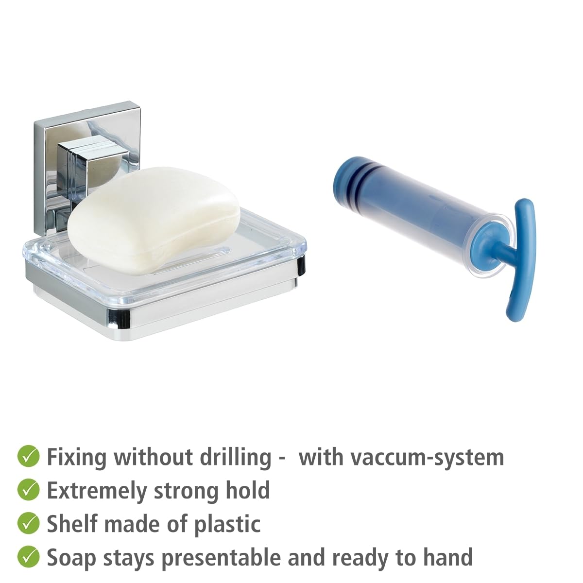 WENKO Vacuum-Loc® mydelniczka ścienna Quadro, mydelniczka do łazienki i kuchni, uchwyt ścienny bez wiercenia, nierdzewna, błyszcząca stal nierdzewna z przezroczystą miską z tworzywa sztucznego, 12 x 6,5 x 12 cm