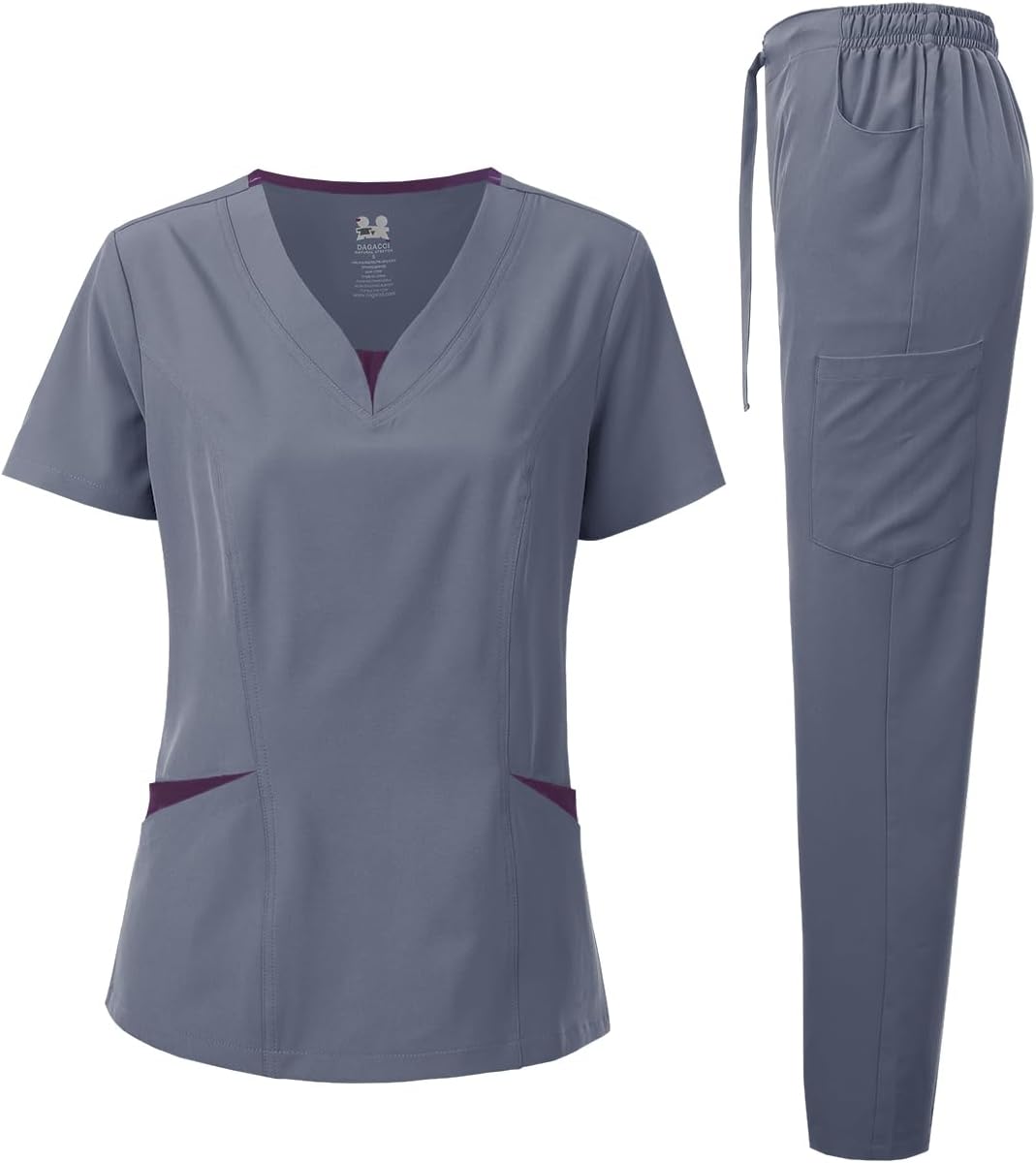 Dagacci Scrubs for Women Set  4-Way Stretch Top and Pants Womens Scrub Sets, Contrast V-Neck and Pocket
