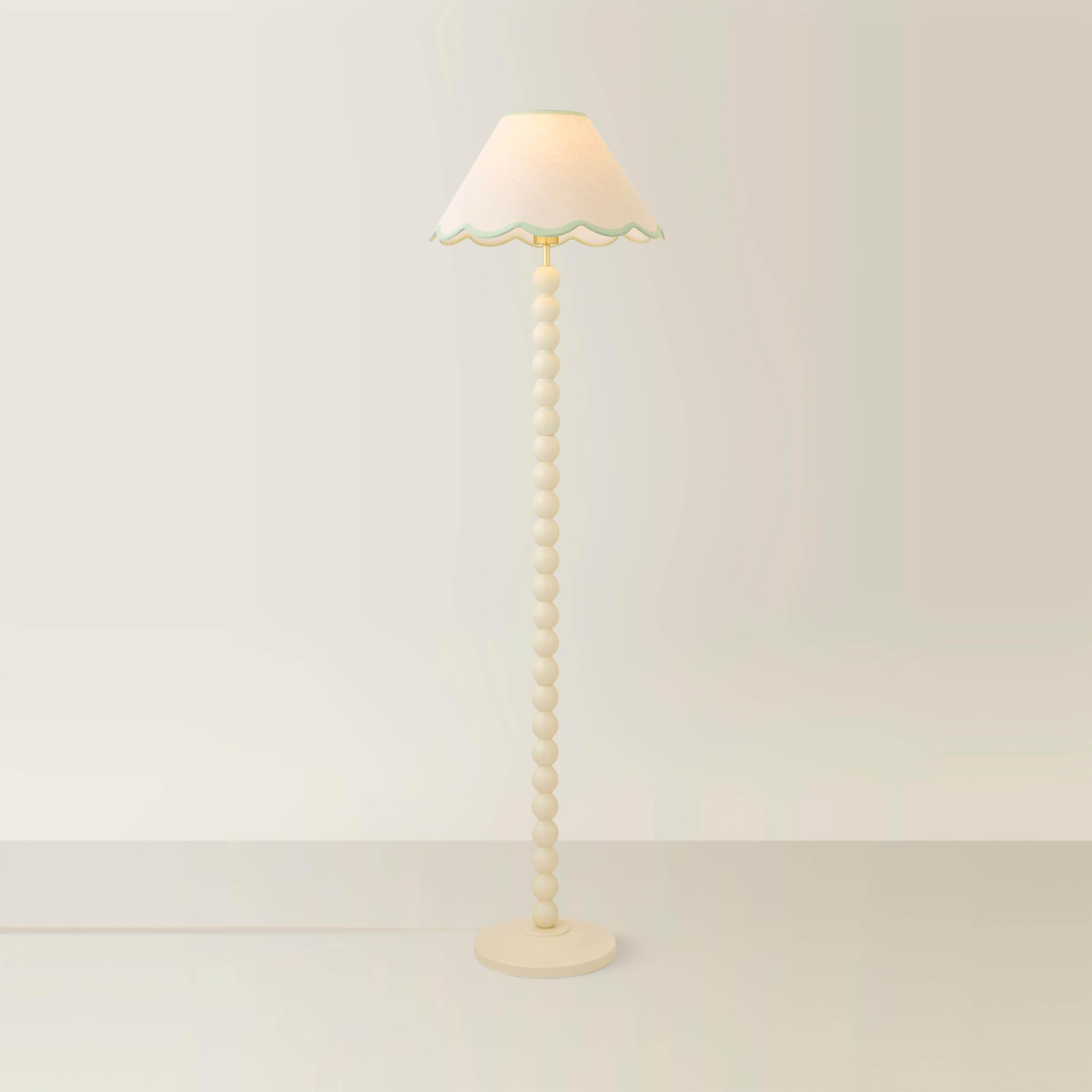 Valuelights Unisex Pale Green Bobbin Colour Trim Linen Shade Cream Bobble Floor Lamp W/ Bulb In
