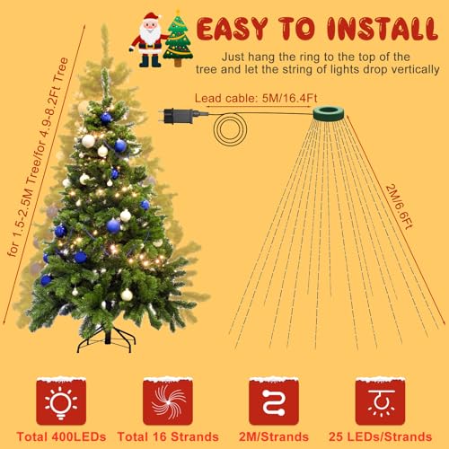 Gcstnn Lichterkette Weihnachtsbaum, 2M 400er LED Christbaumbeleuchtung mit Ring und 16 Girlanden, Timer, Wasserdicht für 1.5-2.5M Tannenbaum Weihnachtsdeko Außen Innen, Warmweiß