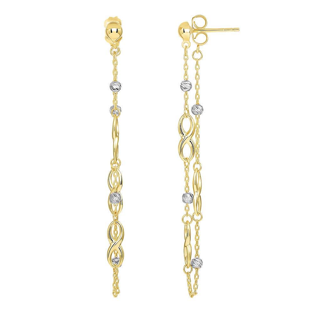 14k Two Tone Gold Infinity Love Symbol Beaded Dangling Drop Earrings with Friction Back