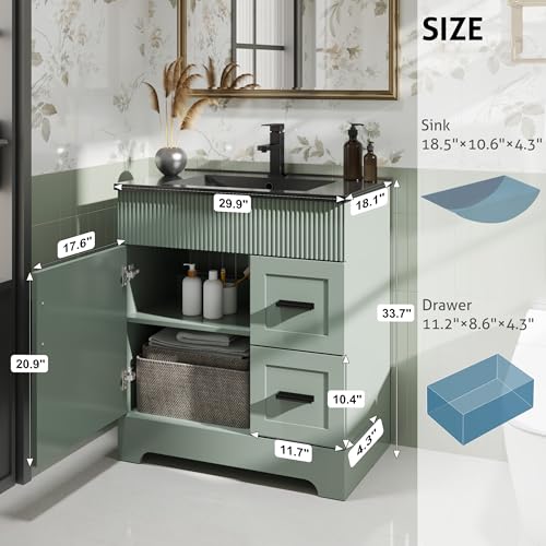 Image of eclife 30 inch Bathroom Vanities Sink Combo with Painted Surface, Modern Drawered Cabinet W /Decorative Wave Lines, Undermount Single Black Sink, Matte Black Faucet Drain, Gray Green