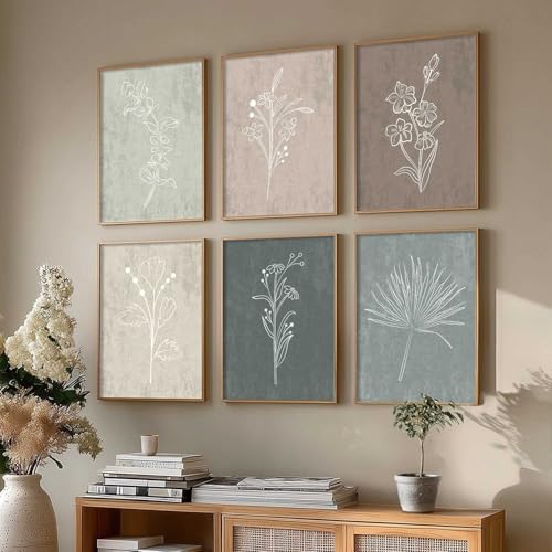 Image of Floral line art Painting for Living Room Bedroom Office Room Decor - Premium Digital Paintings with Frame for Home Decoration - Painting for Wall Decoration - (Pack of 6 Multicolor) (10x13 inch, C)