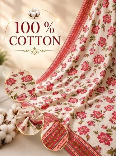 Image of Mafatlal 144 TC Heritage 100% Cotton Rajasthani Jaipuri Traditional Floral King Size Twin Bedsheet with Pillow Cover (90x60 inches)- Red