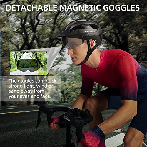 KINGLEAD Casco de Bicicleta para Hombres y Mujeres con Iluminación LED Recargable por USB, Gafas Magnéticas y Visera Extraíble, Casco de Bicicleta de Montaña Carretera - imagen 4