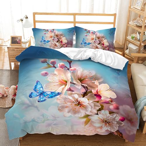 AILONEN 3D Flowers Duvet Cover Set King Size, Pink Rose with Blue Butterfly Bedding Set for Girls Women,Romantic Cherry Blossom Theme Comforter Cover,1 Quilt Cover and 2 Pillow Case,3 Piece
