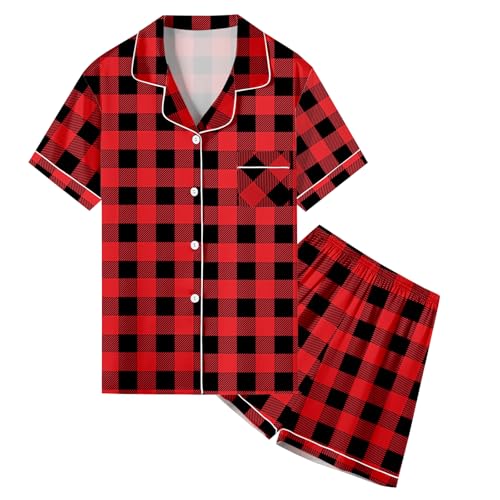 Image of Umeyda Women & Girls Pajamas Set, 2 Piece PJS Satin Silk Sleepwear Button-Down Top with Shorts for Mom Kids Gifts