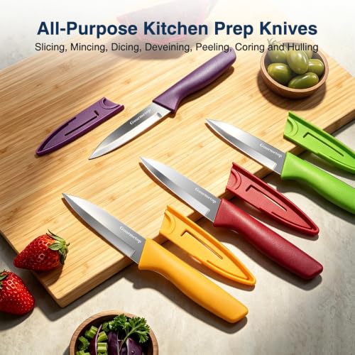 Image of Gourmetop Paring Knife Set of 4, 3.8 inch with Cover, Colorful, Dishwasher Safe