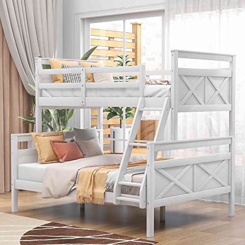 Twin Over Full Solid Wood Bunk Bed with Ladder, Safety Guardrail, No Box Spring Need, Perfect for Bedroom Kids, Adults