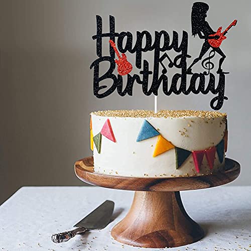 Hakpuotr Guitar Cake Topper For Birthday - Rock And Roll Birthday Cake Topper - Black Glitter Rock Music Cake Topper For Vintage Rock Musical Theme Birthday Party Baby Shower Events Decoration Supplies #TOP6