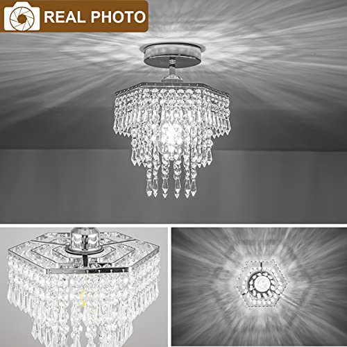 Hongnuofc Mini Crystal Chandelier Flush Mount Ceiling Light Fixtures Small Chandelier For Bathroom Bedroom Closet Hallway Foyer(E26 Bulb Base, Chrome) #TOP5