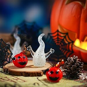 H&D HYALINE & DORA Miniature Blown Glass Pumpkin Halloween Ghost Figurine Set Decor for Carnival Party,Haunted House,Mantel Home HD HYALINE DORA Miniature Blown Glass Pumpkin Halloween Ghost Figurine Set Decor for Carnival PartyHaunted HouseMantel Home