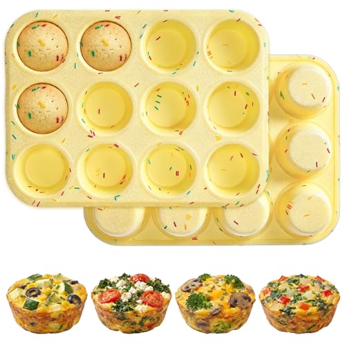 Suohheh 2 Pack Silicone Egg Bite Molds for Baking, 12 Cup Regular Size Silicone Muffin Pans for Baking Egg Bites Tarts Meatloaf Mini Cheesecakes Nonstick Silicone Cupcake Pan Oven Safe