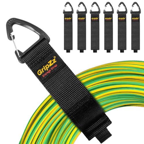 GripZz Verlängerungskabel-Organizer & Aufhänger (6Pack) - Klettband-Kabelbinder-Set zur Aufbewahrung von Kabeln, Schläuchen, Drähten, Seilen und Werkzeugzubehör in Garage, Wohnmobil, Werkstatt (M)