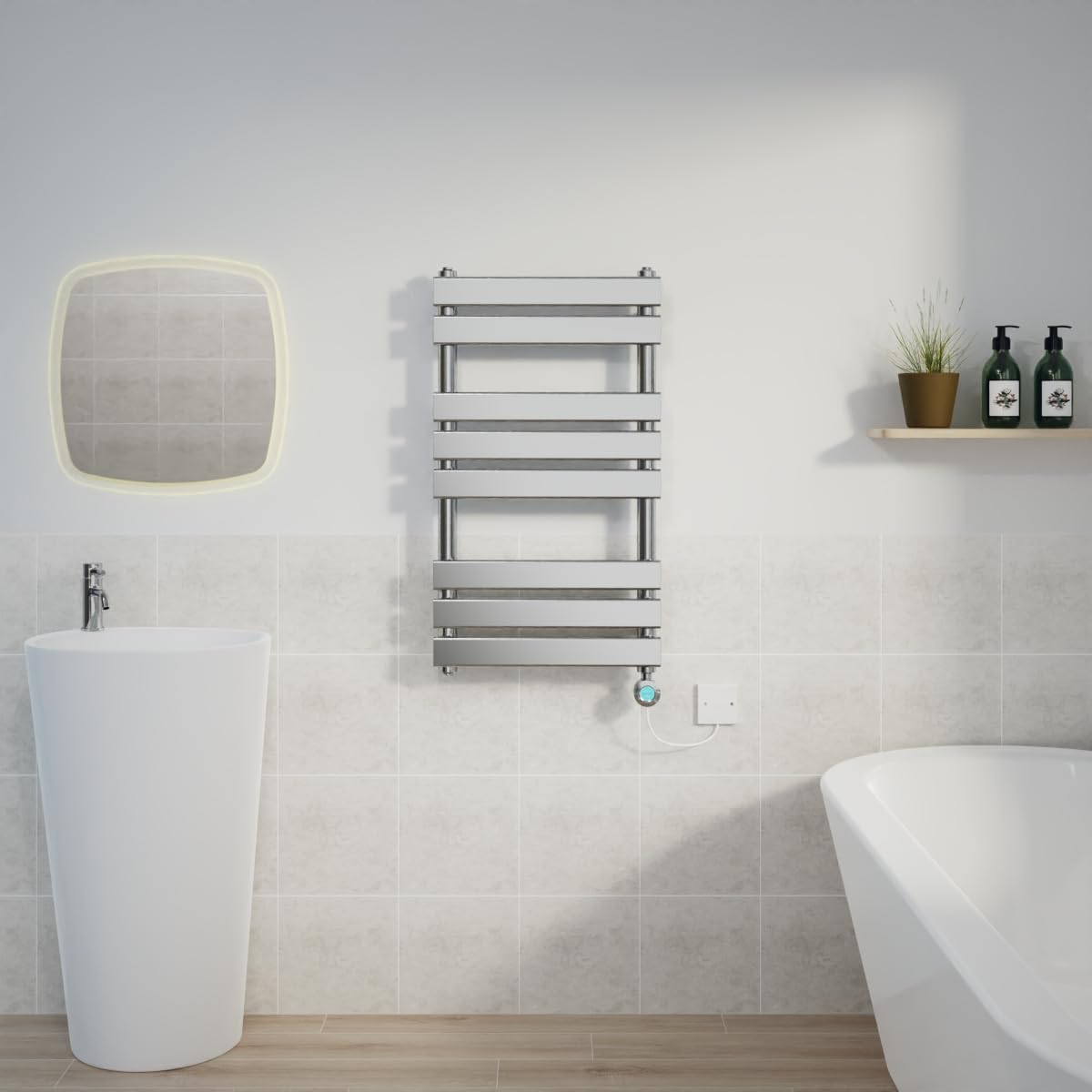 Warmehaus Chrome 800X450mm Designer Flat Panel Electric Heated Towel Rail Thermostatic Timer Bathroom Towel Radiator 400W