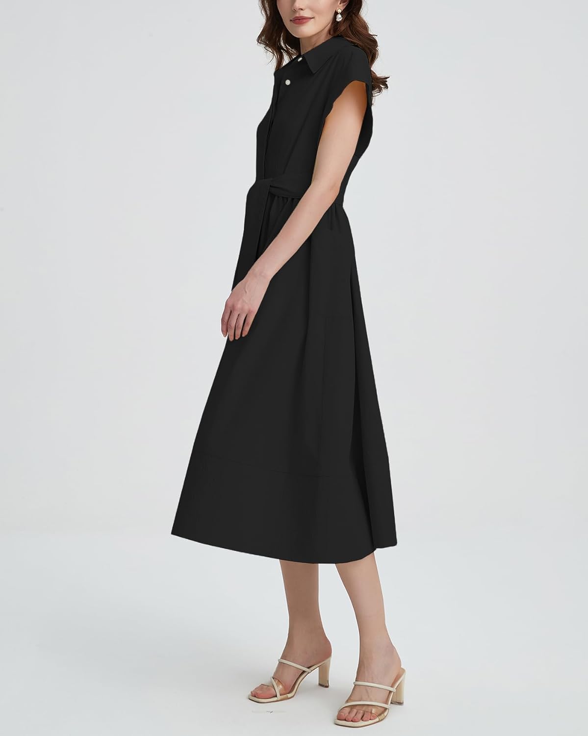 Women's Belted Shirt Midi Dress Casual Short Wing Sleeve Button Down Lapel V Neck Dress - Image 2