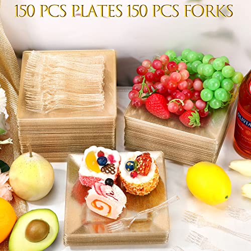 Gandeer 300Pcs Gold Plastic Plates Dinnerware Set Include 150 Gold Glitter Plates 150 Plastic Dessert Forks Disposable Plates For Party And Wedding 150 Guest Disposable Gold Dinnerware Set #TOP4