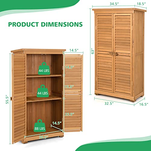 Goflame 63” Outdoor Storage Cabinet, Wooden Garden Storage Shed With 3 Removable Shelves, Waterproof Asphalt Roof, Adjustable Footpads, Latch, Outdoor Tall Vertical Tool Shed For Garden Porch Deck #TOP6