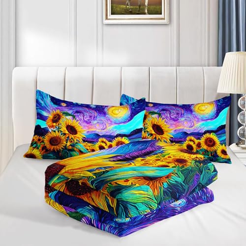 Image of AILONEN Sunflower Bedding Set Twin Size for Kids Teens Girls Women,Blossom Flower Floral Comforter with 2 Pillowcase,Dreamy Purple Blue Starry Quilt Set,3-Piece
