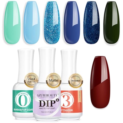 AZUREBEAUTY Dip Powder Nail Set Blue Green Shimmery, All Seasons 6 Colors Bundle with 3 Pcs Dip Powder Liquid Set, Base & Top Coat with Activator & Matte Coat