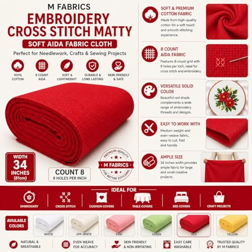 Image of M Fabrics 3 Meters Red Aida Matty Fabric 8 Count 34 Inch Width | Cotton Cross Stitch Embroidery Cloth Soft Needlework Fabric for Cushion Covers Table Covers Craft Sewing - 3 Meters Red
