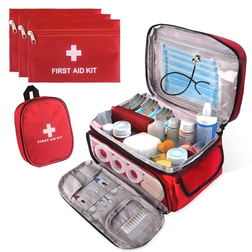 Dmnnlp First Aid Bag Empty, 5-Piece Set with Large Medical Organizer, 3 Portable Pouches & Carry Bag for Pet First Aid Kits, Home Adventure Travel Medical Supplies (Red)