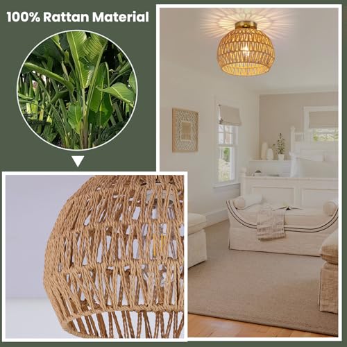Rattan Ceiling Light fixture, 11.8" Boho light fixtures ceiling,Rattan Semi Flush Mount Ceiling Lights, Hand-Woven Natural Wicker Bohemian Light Fixture for Hallway,Entryway,Balcon,Laundry Room,brown by Ovyiech - Used condition - Image 2