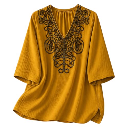 Image of RIEKA Womens Tunic Top with Floral Embroidery V Neck 3 /4 Sleeve Relaxed Fit Casual Ethnic Fusion Top Lightweight Sheer Fabric Everyday Wear for Women