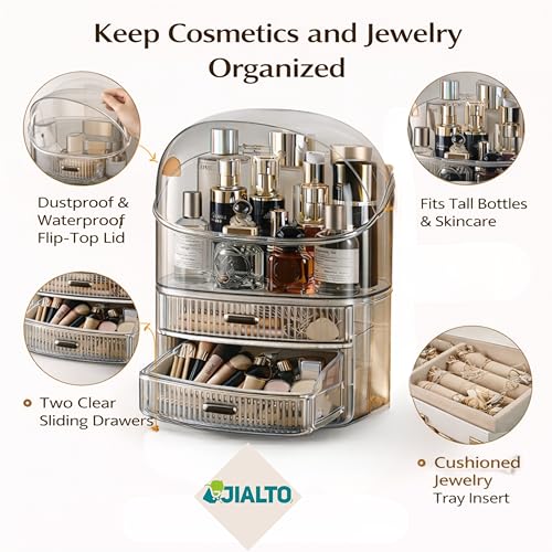 Image of JIALTO Makeup Organizer with Drawer Storage, Transparent Cosmetic Organizer Box with Dustproof Cover, Skincare & Perfume Storage Case for Dressing Table, Bathroom Vanity Organiser for Women (Brown)