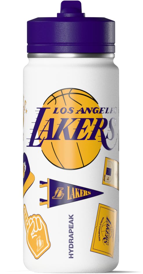 Image of Hydrapeak NBA Officially Licensed Los Angeles Lakers 20oz Insulated Water Bottle with Straw Lid & Carry Handle, Leak-Proof Stainless-Steel Game Experience Sports Bottle for Kids, School, Camp