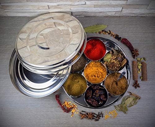 Authentic Indian Spice Tin Stainless Steel Masala Dabba Curry Cooking Spice Tiffin Tin Box Kitchen Masala Container 7 Compartments Storage Box Set (17cm)