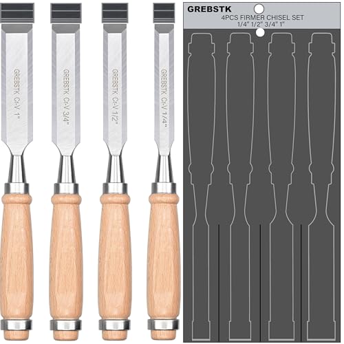 GREBSTK 9.5in Wood Chisel Set for Woodworking, 4pcs Chrome Vanadium Steel Bevel-Edge Bench Chisels with Cap, Comfortable Beech High Impact Handle
