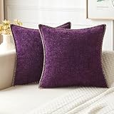 MIULEE Pack of 2 Couch Throw Pillow Covers 18x18 Inch Plum Purple Farmhouse Decorative Pillow Covers with Stitched Edge Soft Chenille Solid Dyed Spring Pillow Covers for Sofa Bed Living Room