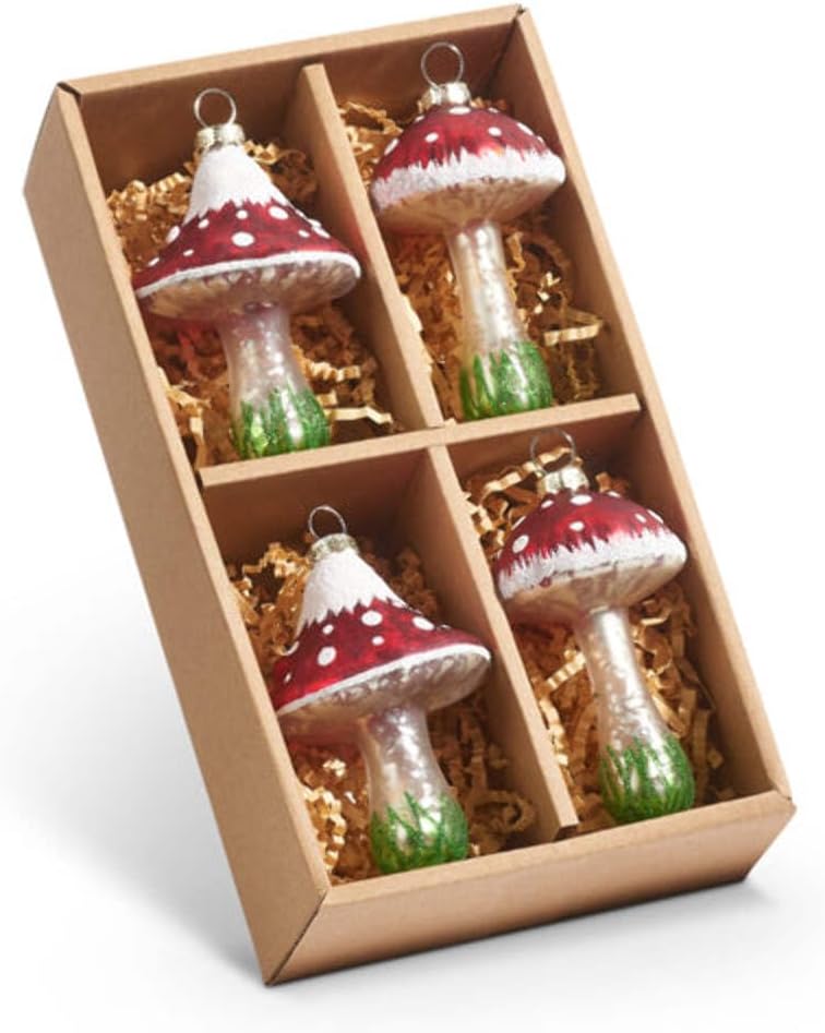 Raz Imports Box of Red Mushroom Hanging Ornaments, Set of 4, Christmas Holiday Decor