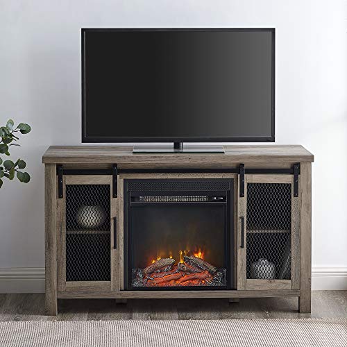 Walker Edison Tall Farmhouse Metal Mesh Barndoor And Wood Universal Fireplace Tv Stand Or Tv's Up To 55" Flat Screen Living Room Storage Entertainment Center, 48 Inch, Grey Wash #TOP1