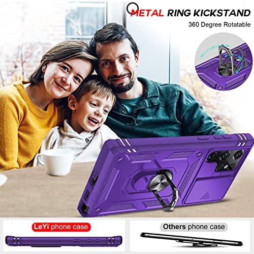 LeYi Samsung S22 Ultra Case with Camera Cover Slider, 360° Full Body Protective Shockproof Heavy Duty Phone Hybrid Case with Ring Stand for Samsung Galaxy S22 Ultra 5G 6.8" Purple