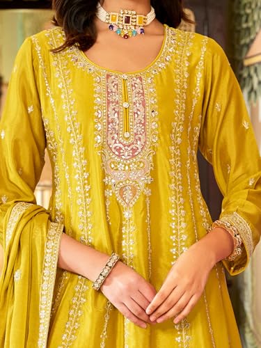 Image of INDO ERA Women's Anarkali Chinon Ethnic Motifs Embroidered Kurta & Palazzo with Dupatta Set (IEOUT10822)