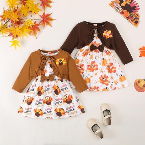 Toddler Girls Thanksgiving Dress and Cardigan Set Little Girls Thanksgiving Day Outfits Turkey Outfits3