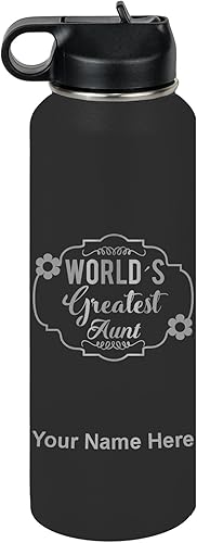 Miniatura 68 de LaserGram Botella de agua personalizada, la tía más grande del mundo, acero inoxidable de doble pared aislada al vacío con popote superior, regalo
