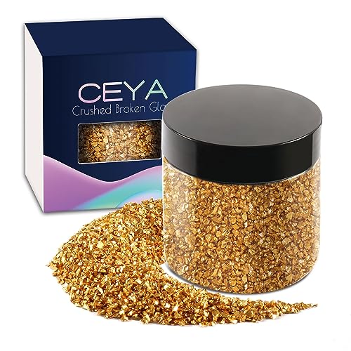 Ceya 10.6oz/ 300g Crushed Irregular Glass Gold Metallic Crystal Chips Broken Glass Glitter 2-4mm Craft Chunky Glitter for Nail Arts Epoxy Resin Mold Coasters Ornament Painting Geode Phone Case Jewelry