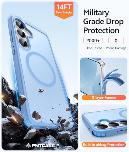 Image of FNTCASE for Samsung Galaxy S25 /S24 Case: Galaxy S24 /S25 Phone Case [Fit with Magsafe] Translucent Matte Case [Screen Protector] Military Grade Shockproof Protective Phone Cover-Light Blue