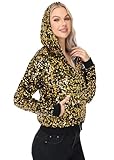 Anna-Kaci Women's Sparkly Sequin Jacket Hooded Glitter Zip Up Bomber Jacket Coat Concert Party Clubwear, Black and Gold, X-Large