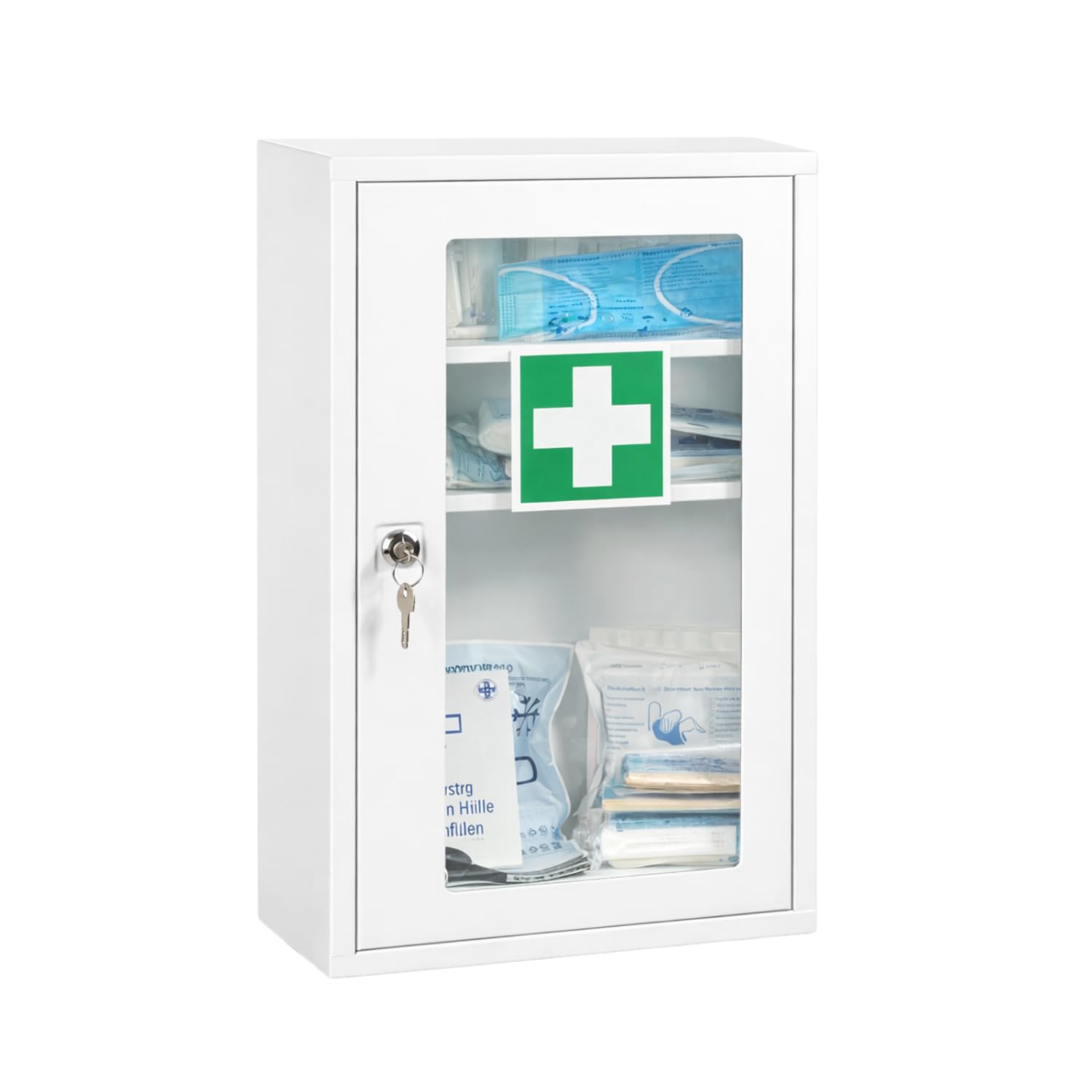 First Aid Products Erste Hilfe Verbandschrank F mit Sichtfenster – inkl. DIN 13157:2021 Füllung, Metall & Pulverbeschichtet, 1-türig - Büro, Betrieb, Schule, Kita & zu Hause - Weiß, 46 × 30 × 14 cm