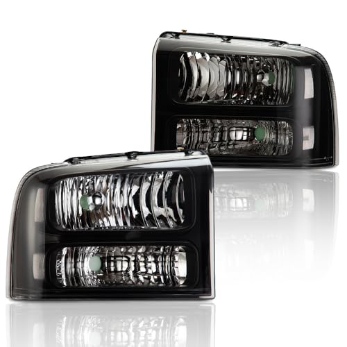 Image of GRAND ORANGE Headlights Assembly Compatible with 2005-2007 Ford F250 F350 F450 F550 Super Duty /Fit 2005 Ford Excursion Headlamp Driver & Passenger Side Clear lens Black Houing Clear Reflector