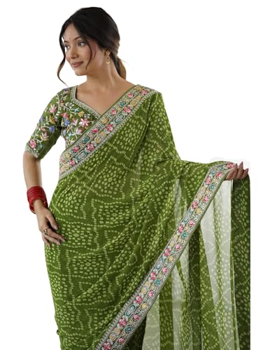 Image of SIRIL Women's Georgette Bandhani Printed Saree with Unstitched Blouse Piece