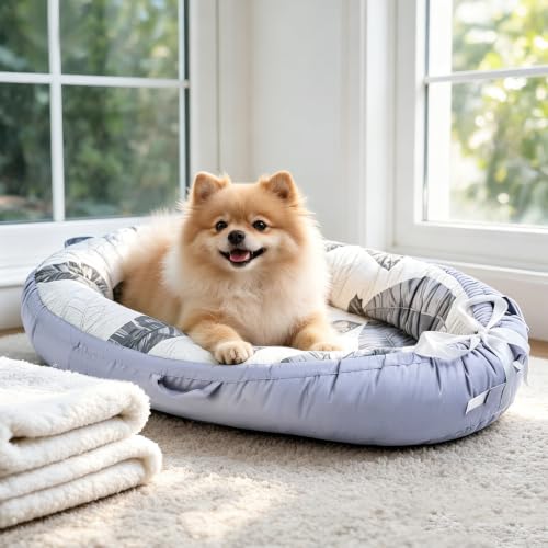 Oval Calming Dog & Cat Bed Medium Small Size Donut Pet Bed, Leaf Grey | Cotton, Comfy, Anti-Anxiety, Deep Sleeping Mat for Medium Small Dogs & Cats, Machine Washable Oval Pet Bed for Easy Cleaning — view 2